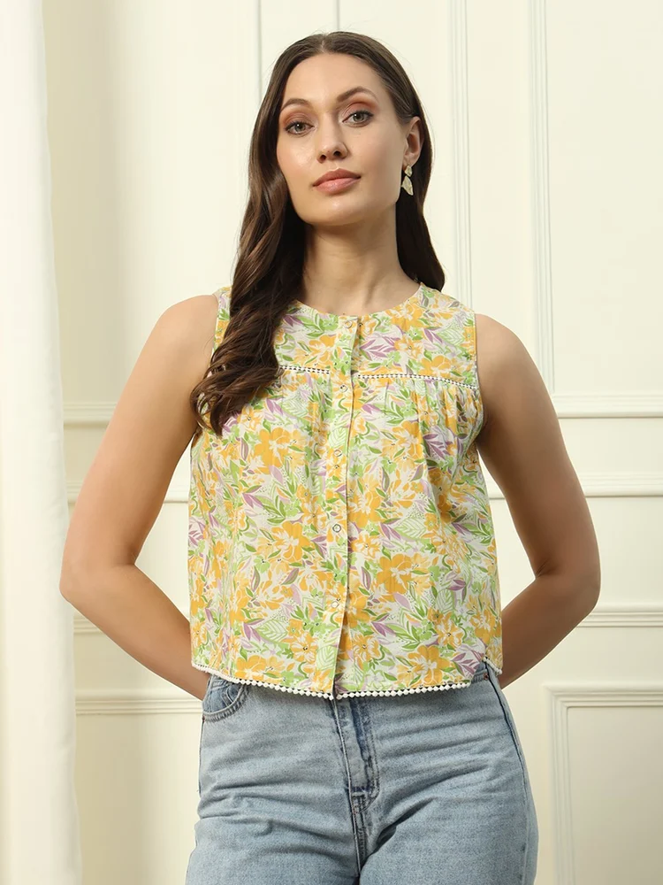 FIORRA Women s Yellow Floral Printed Cotton Top